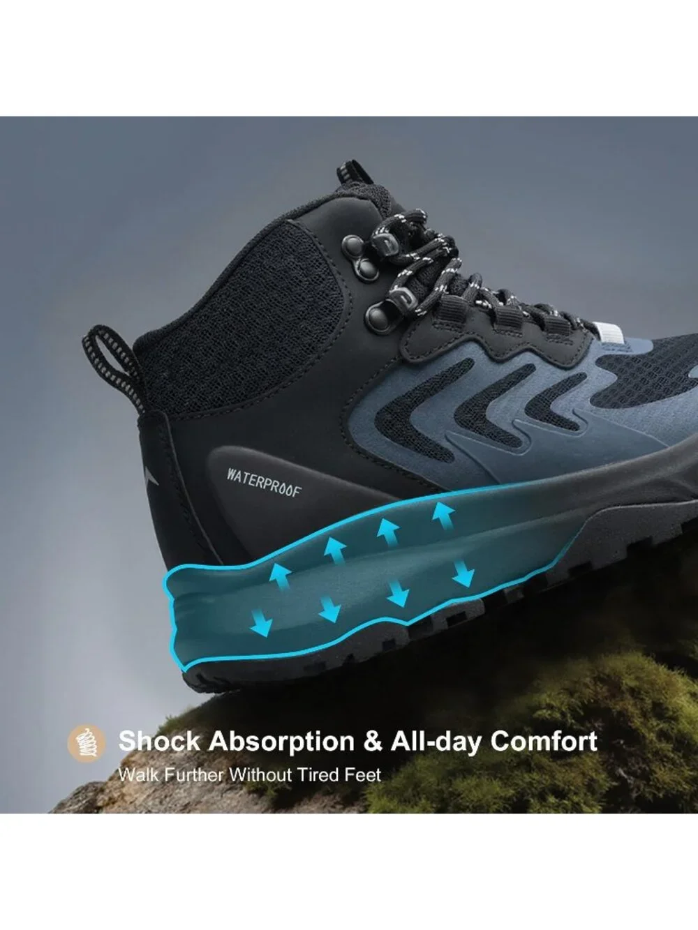 Men's Black Waterproof Shoes Casual Solid Mid Top Cap Toe Non Slip Hiking Boot